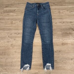 Abercrombie & Fitch Dark Blue High Ride Ankle Skinny Jeans with Frayed Hem